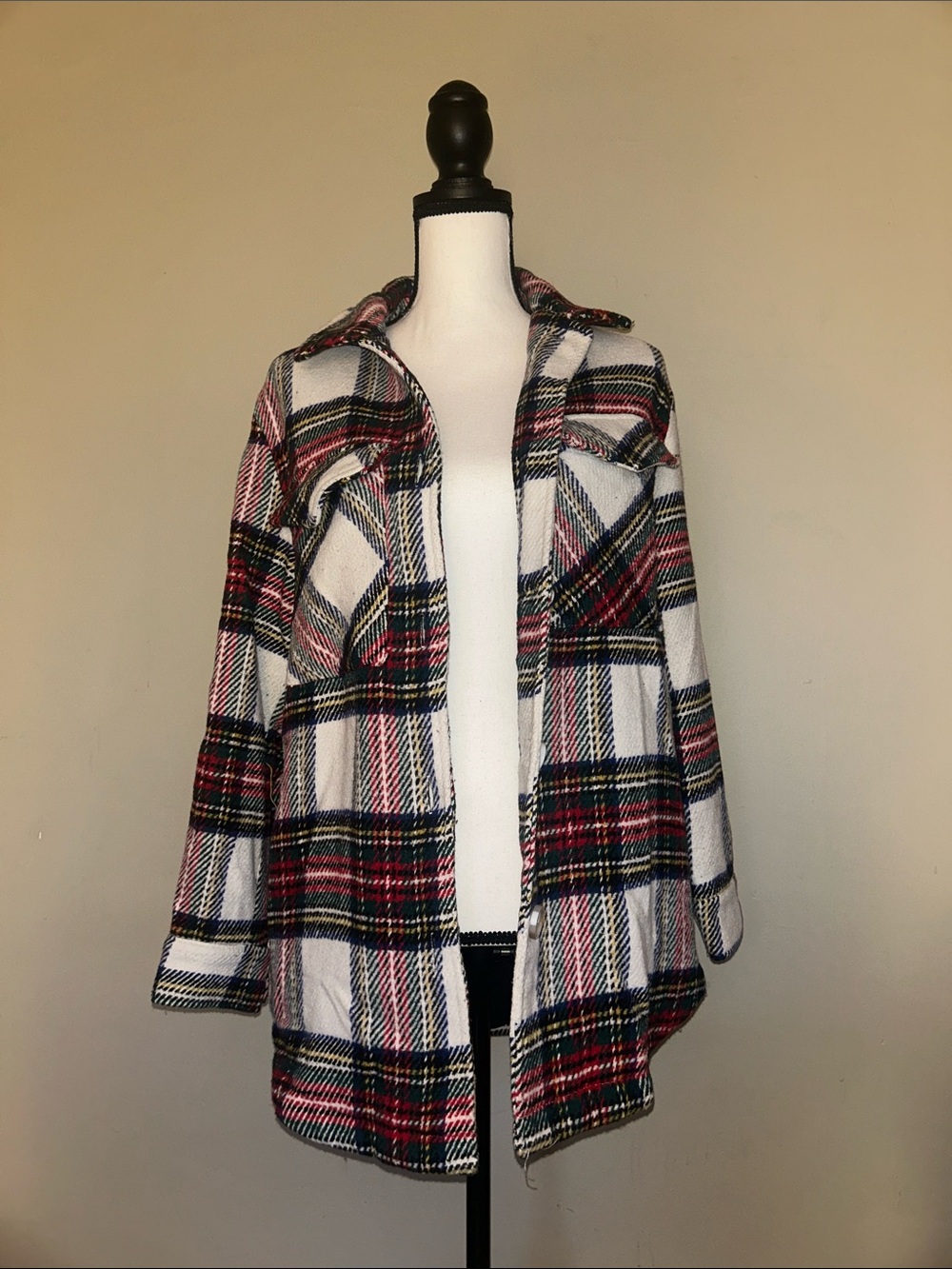 Ellison White Plaid Shacket with Red and Navy Accents